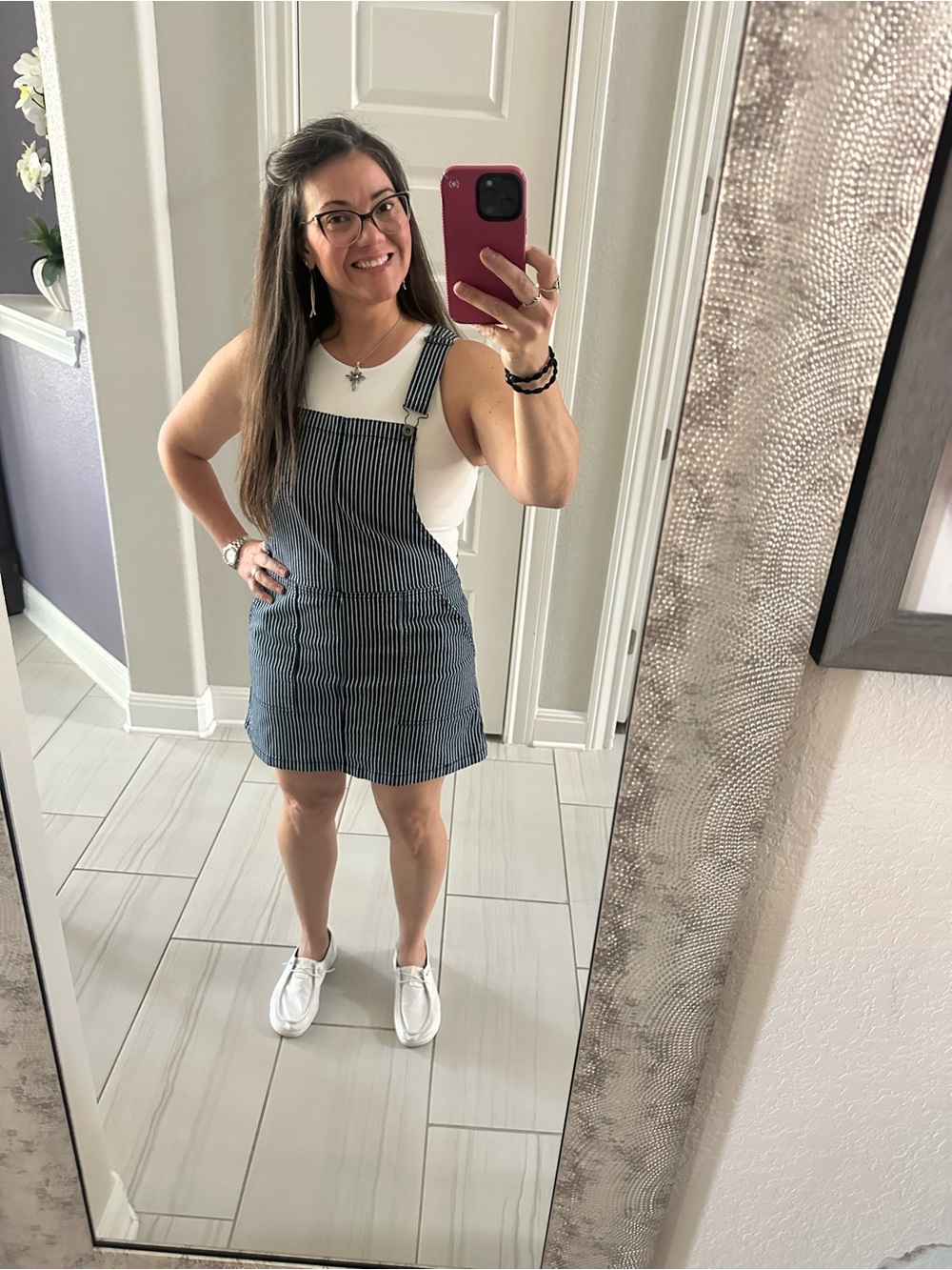 Altar'd State Navy & White Pinstripe Overall Mini Dress